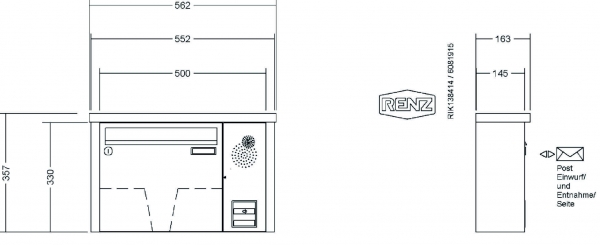 RENZ Briefkastenanlage Aufputz, Tetro, Edelstahl V4A, Kastenformat 370x330x145mm, mit Klingel - & Lichttaster und Vorbereitung Gegensprechanlage, 1-teilig